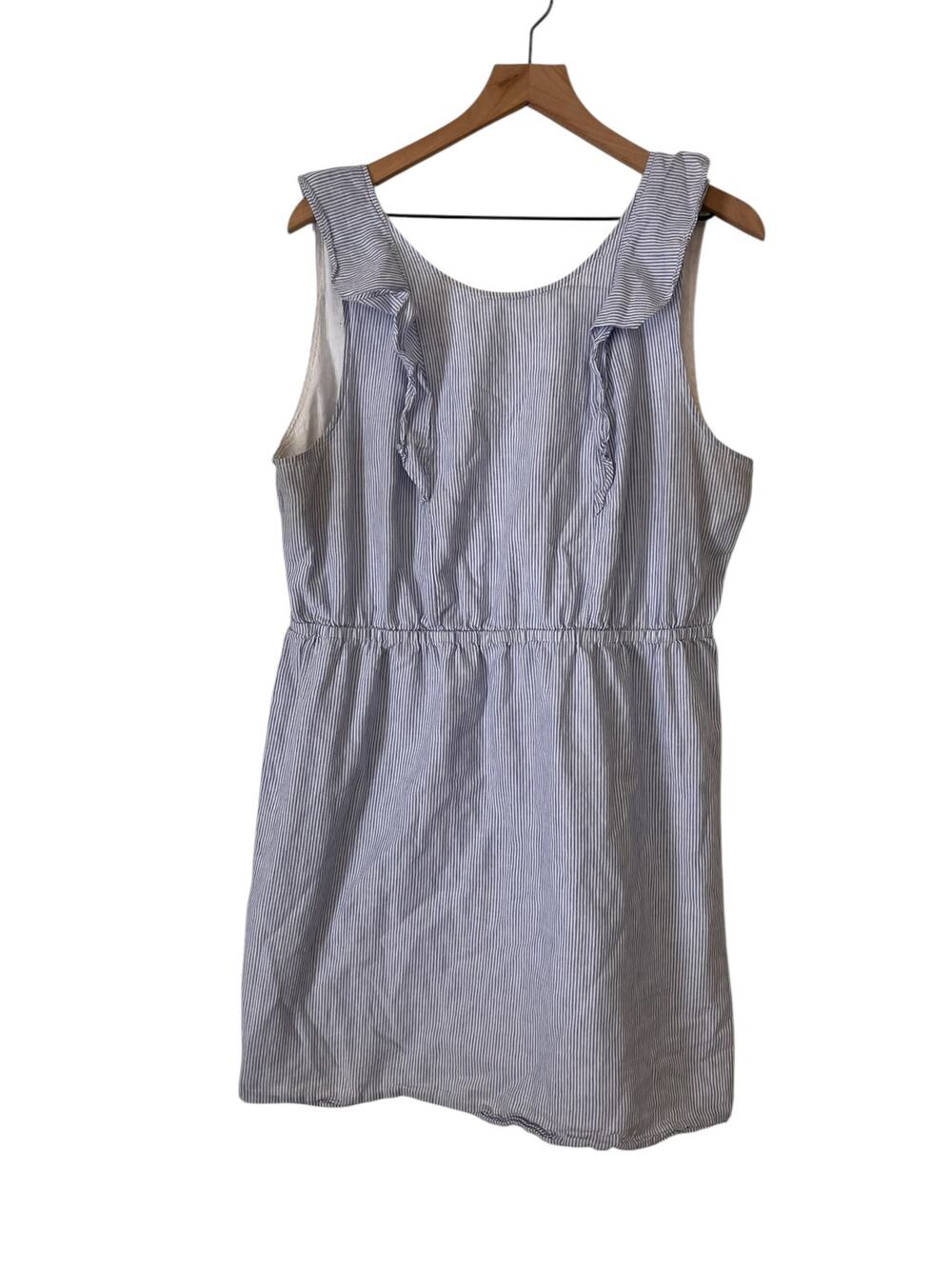 J Crew Factory Blue White Striped Ruffle Shoulder Linen Blend Dress Size 18